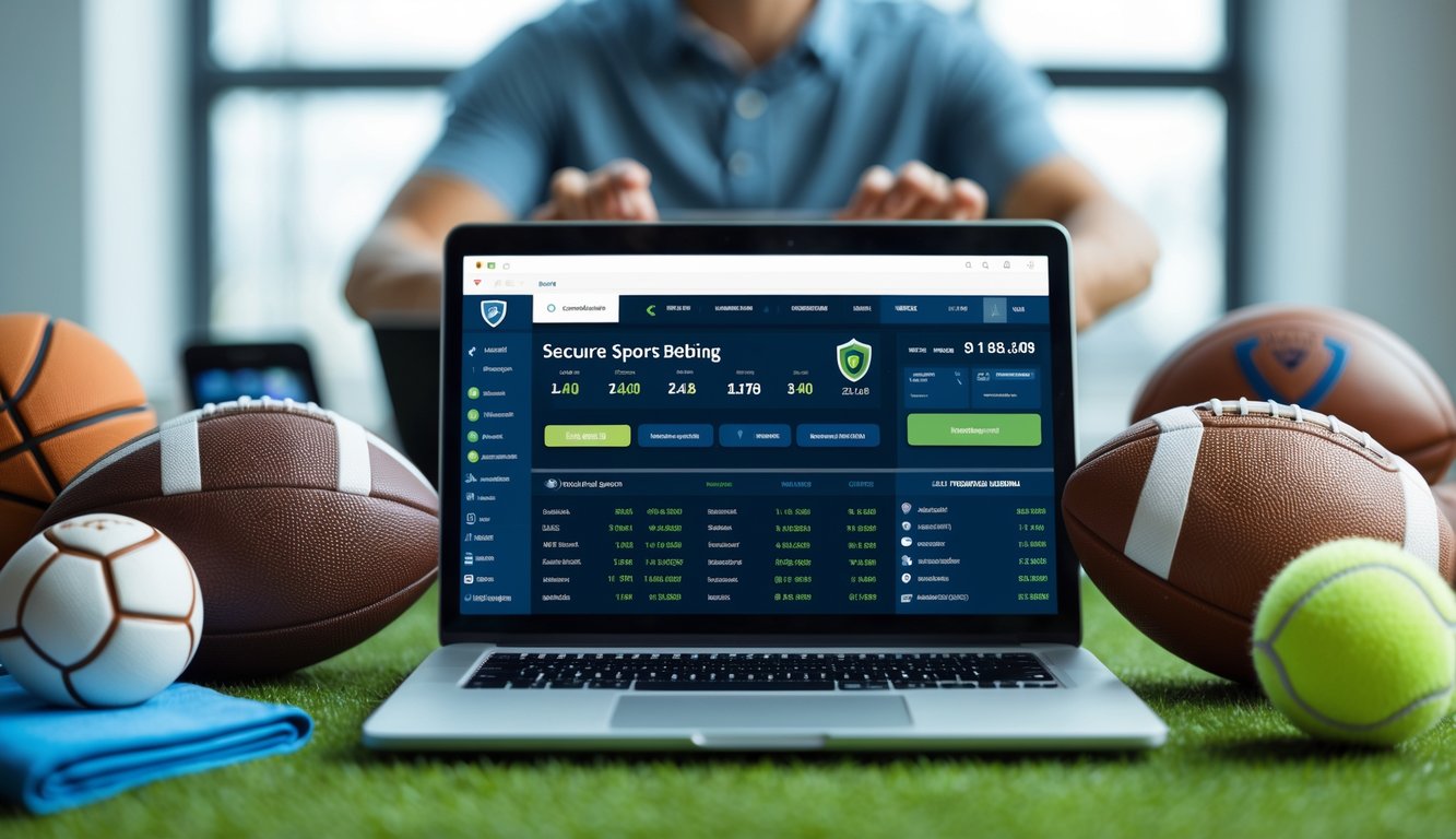 Seorang profesional menggunakan laptop dengan peralatan olahraga di sekitarnya, menunjukkan lingkungan taruhan olahraga yang aman.