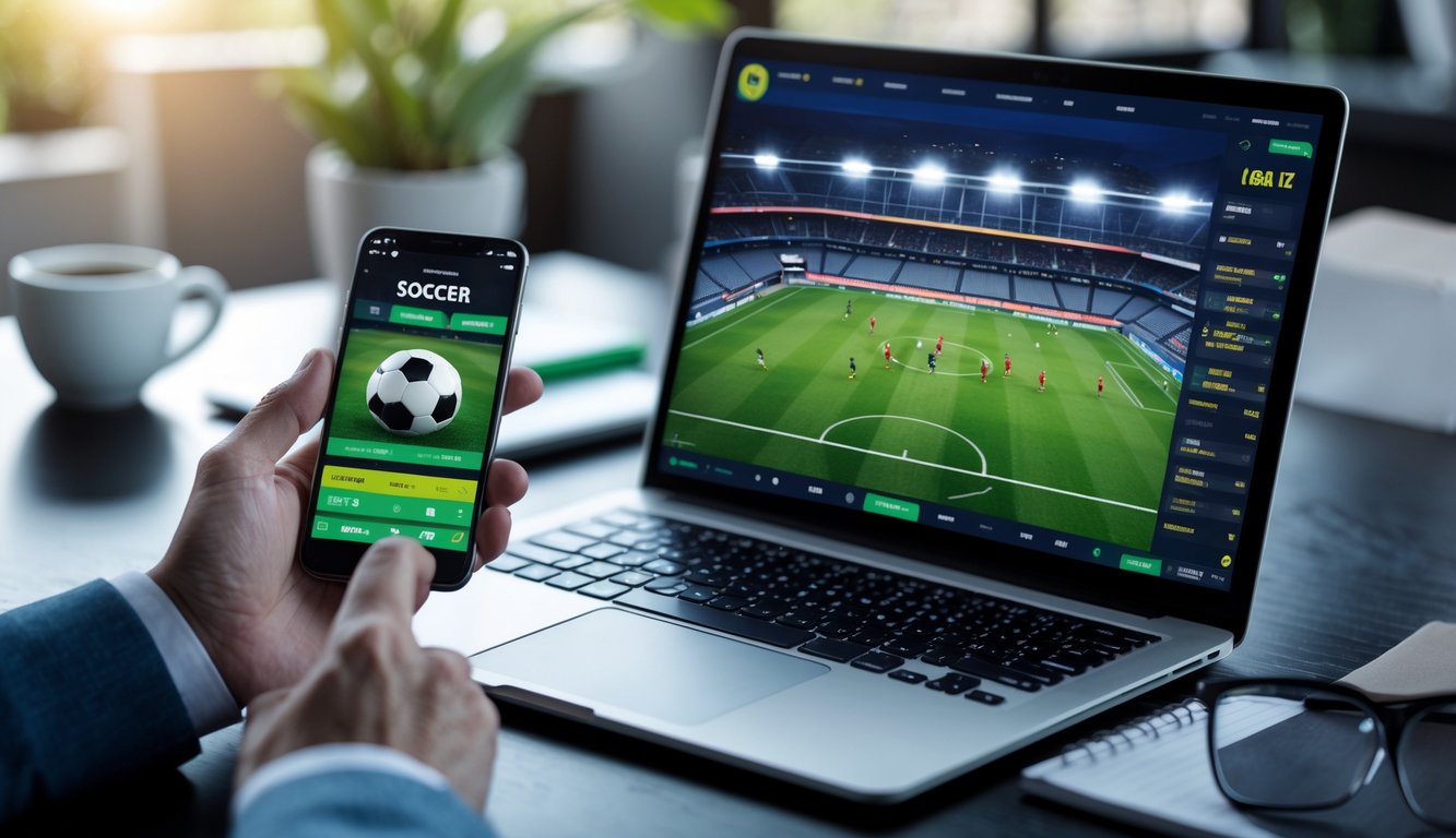 Seorang pengguna sedang memasang taruhan sepak bola online menggunakan laptop dan ponsel di meja kerja.