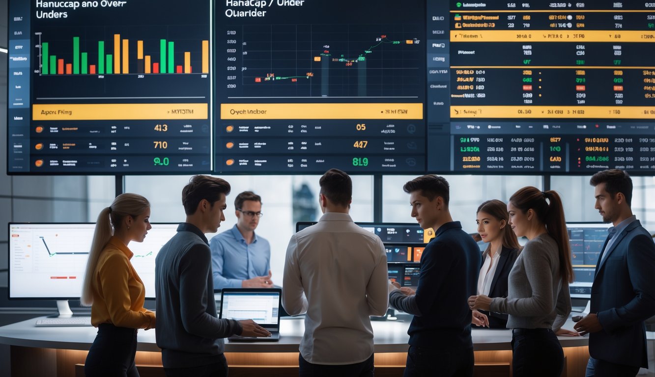 Beberapa orang muda sedang menggunakan perangkat digital di ruangan modern dengan layar besar yang menampilkan data dan grafik taruhan olahraga.