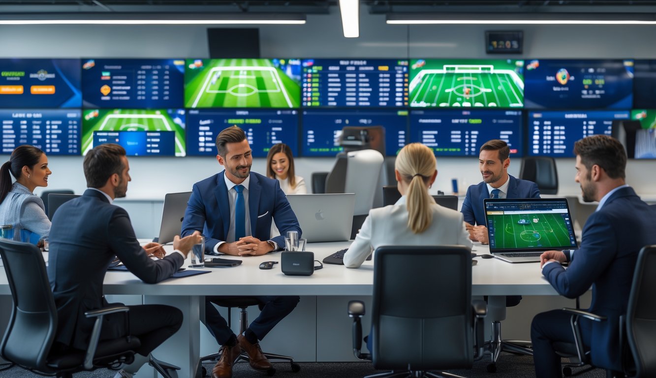 Suasana kantor modern dengan orang-orang yang sedang berdiskusi dan melihat layar besar menampilkan pertandingan sepak bola Liga Eropa.