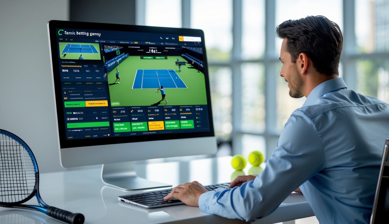 Seorang pria menggunakan komputer dengan layar menampilkan pertandingan tenis dan grafik taruhan di meja kerja modern.