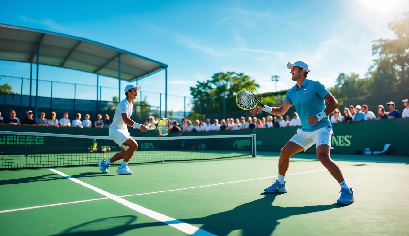 Dua pemain tenis sedang bertanding di lapangan tenis outdoor dengan penonton di sisi lapangan.