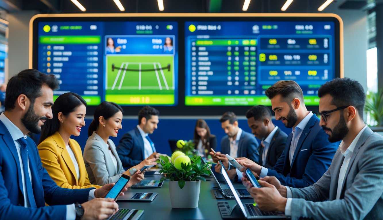 Beberapa orang sedang memasang taruhan pada pertandingan tenis internasional menggunakan perangkat digital di ruang taruhan modern.