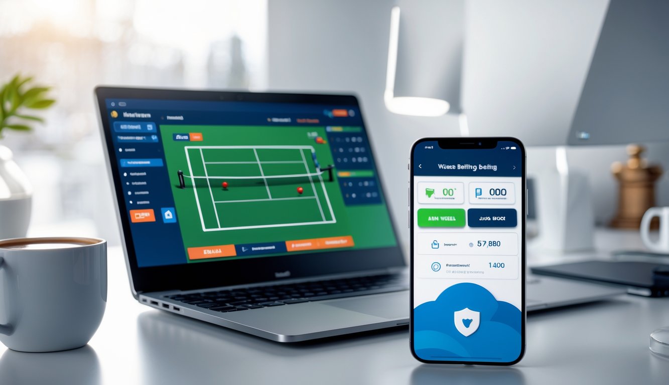 Seorang pria menggunakan laptop dan ponsel di meja kerja untuk memasang taruhan tenis online dengan suasana yang aman dan profesional.