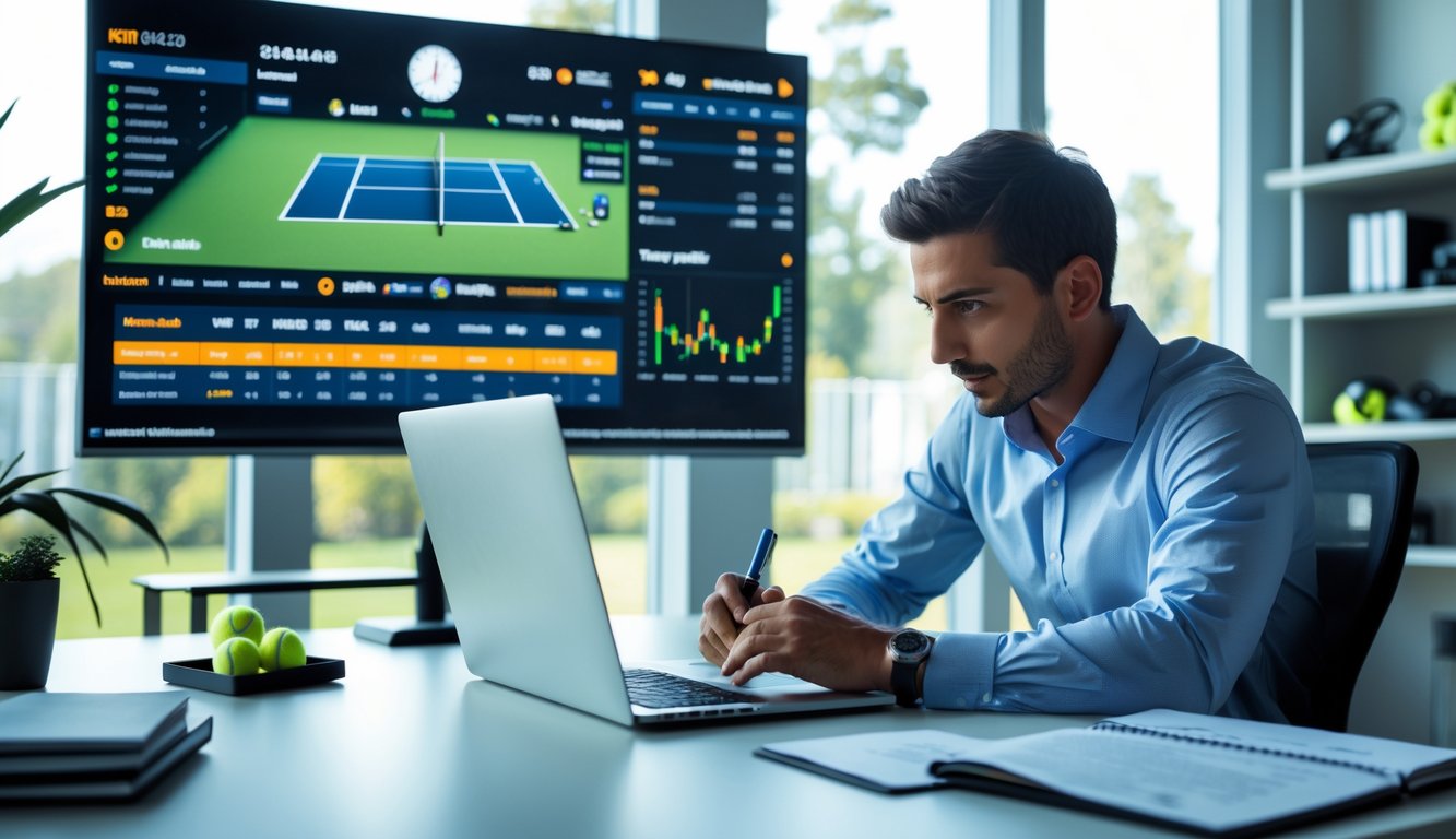 Seorang analis olahraga sedang bekerja di kantor dengan laptop yang menampilkan statistik pertandingan tenis dan peluang taruhan, di latar belakang layar besar menampilkan pertandingan tenis langsung.
