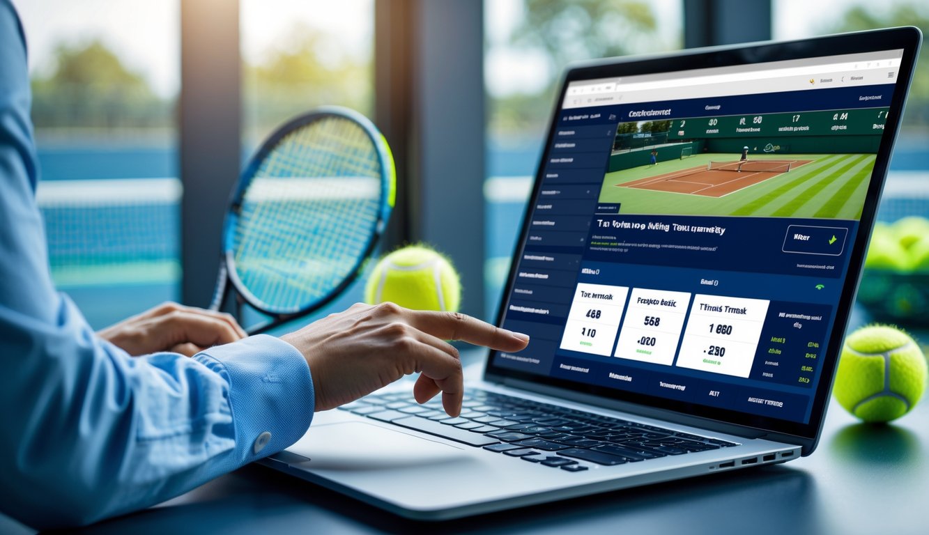 Seseorang sedang menggunakan laptop di meja kerja dengan peralatan tenis di sekitar, menunjukkan aktivitas taruhan tenis online.