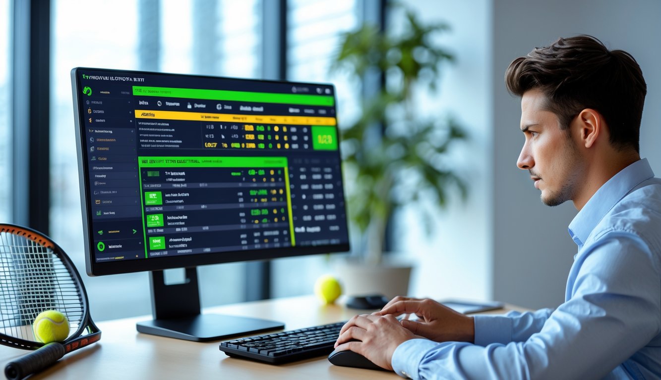 Seorang pria muda menggunakan platform taruhan tenis profesional di depan komputer di ruang kantor yang terang.