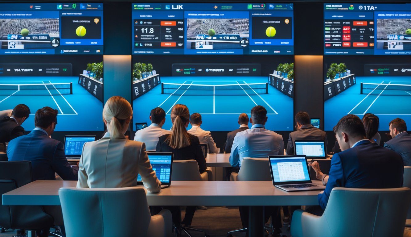 Beberapa orang menggunakan perangkat digital untuk memasang taruhan pada pertandingan tenis virtual di sebuah ruangan modern.