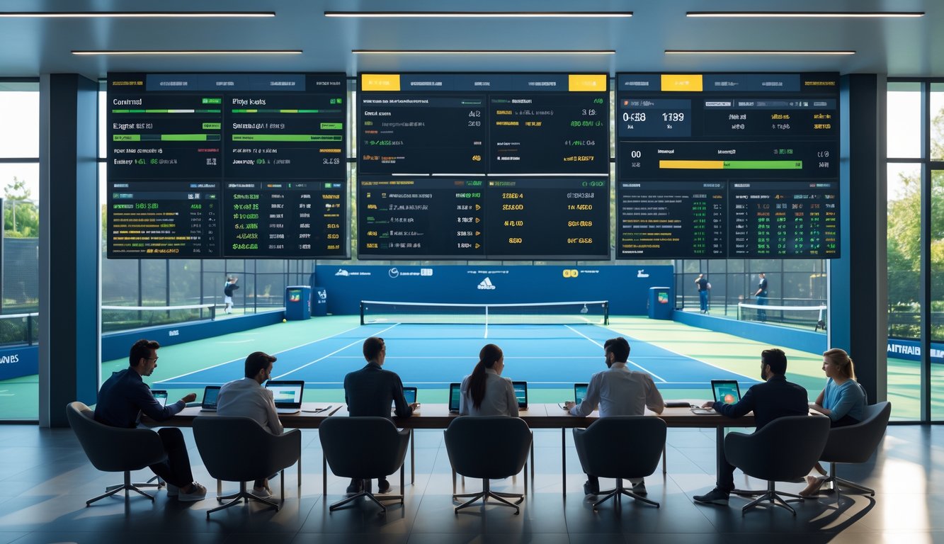 Orang-orang sedang melihat layar digital dan perangkat mereka sambil menonton pertandingan tenis di lapangan di luar.