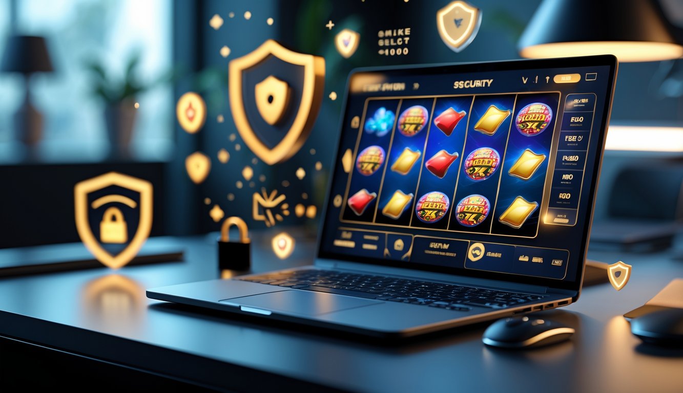 Suasana ruang kerja modern dengan laptop menampilkan permainan slot online dan simbol keamanan di sekitarnya.