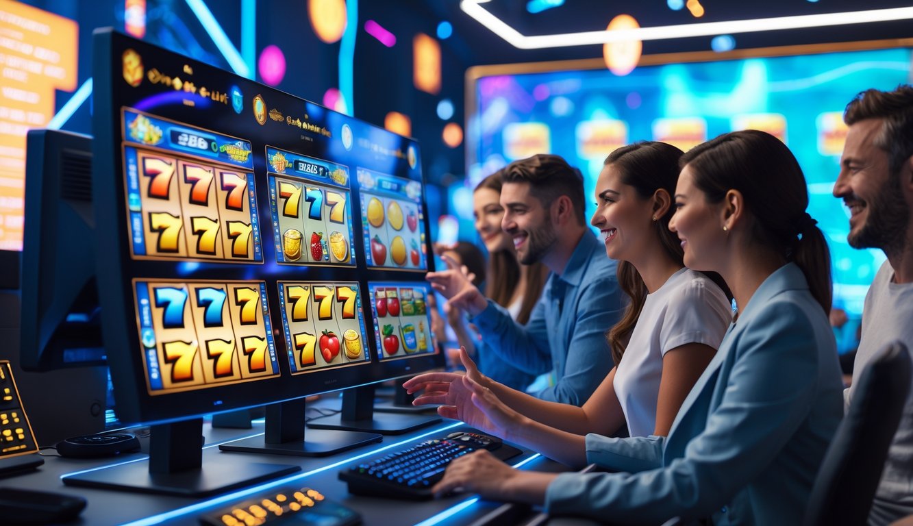 Orang-orang sedang bermain mesin slot online di ruang yang terang dan modern dengan layar komputer yang menampilkan permainan slot berwarna-warni.