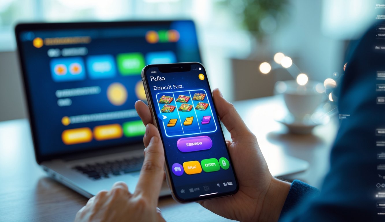 Tangan memegang ponsel dengan tampilan permainan slot online dan latar belakang elemen pembayaran digital.