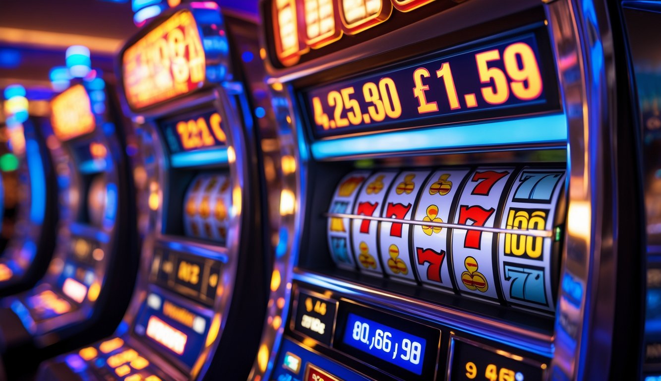 Mesin slot modern dengan lampu terang dan angka jackpot yang menyala di dalam kasino.