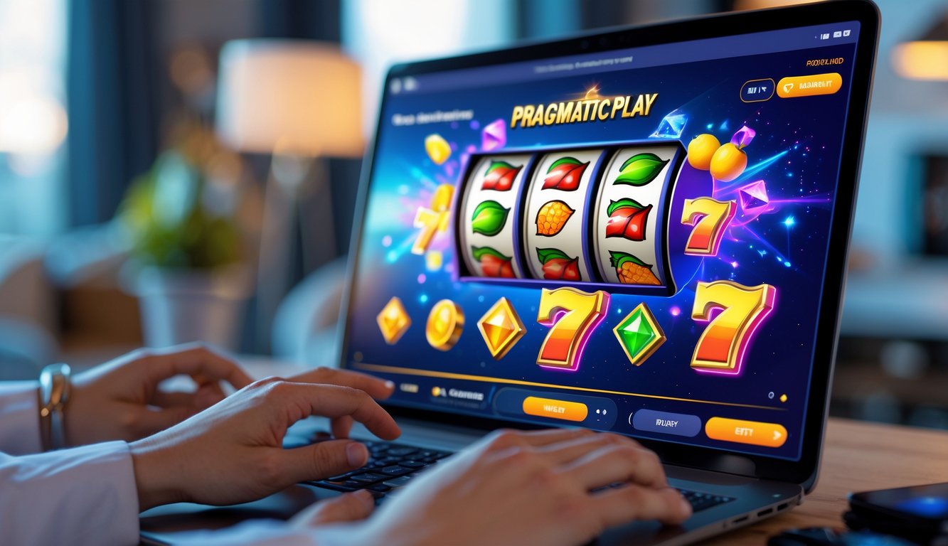 Orang sedang bermain permainan slot online di komputer dengan latar belakang ruangan yang nyaman.