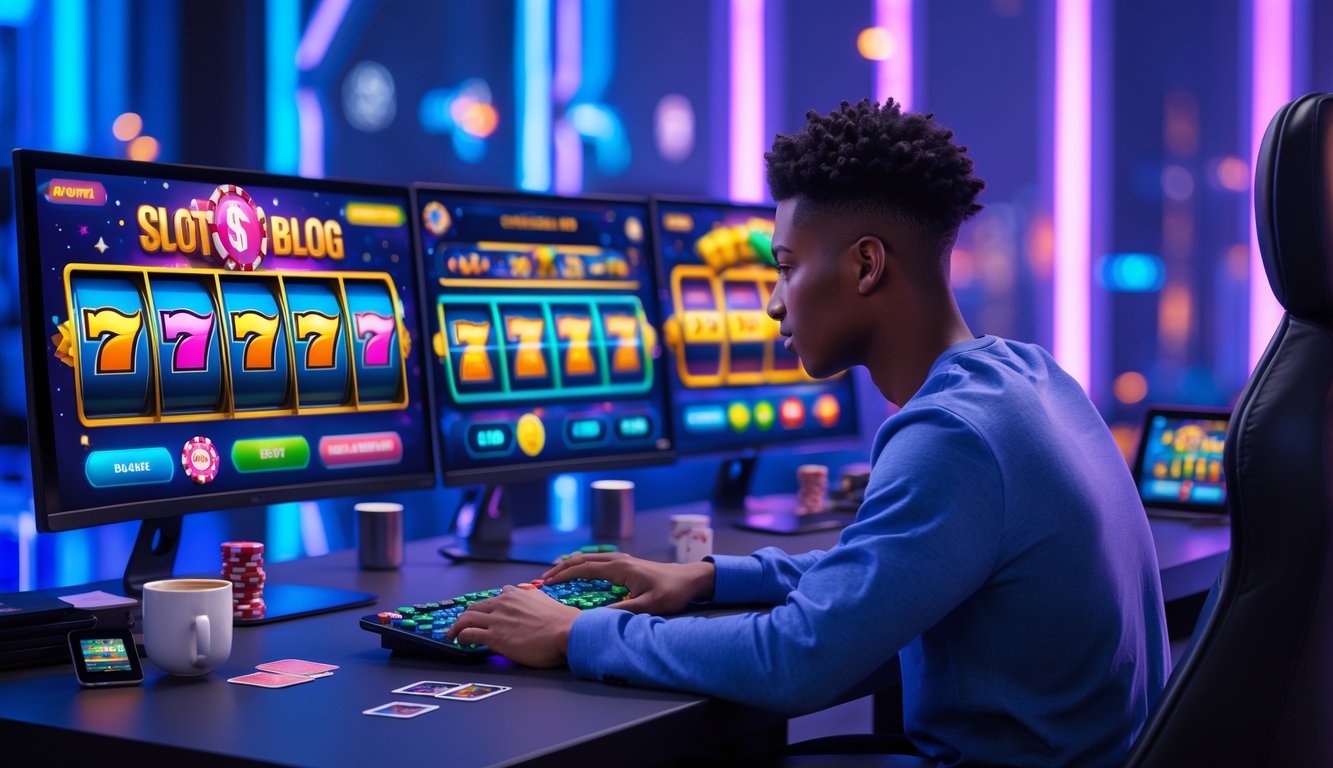 Seorang dewasa muda sedang bermain permainan slot online di meja komputer dengan beberapa monitor dan perangkat elektronik di ruangan yang terang dan modern.