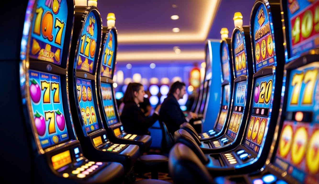 Suasana kasino modern dengan mesin slot menyala dan beberapa pemain sedang bermain dengan ekspresi senang.