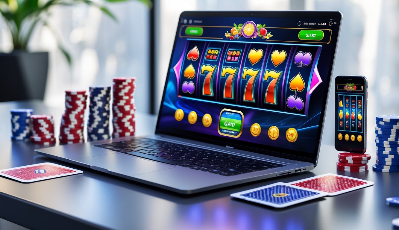 Sebuah laptop menampilkan permainan slot online dengan grafik warna-warni, dikelilingi oleh chip poker dan kartu remi di atas meja kerja yang rapi.