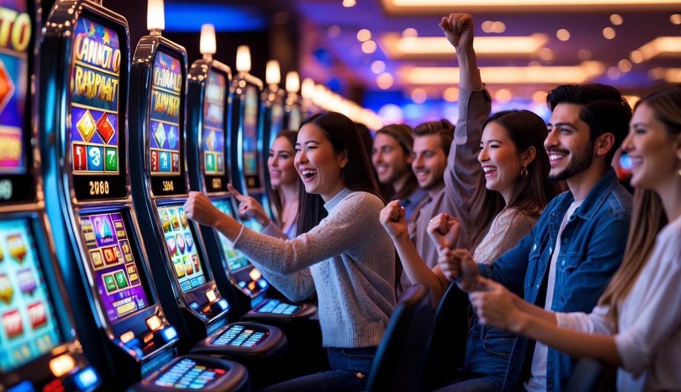 Sejumlah orang muda bermain mesin slot di kasino dengan suasana ceria dan mesin berwarna-warni.