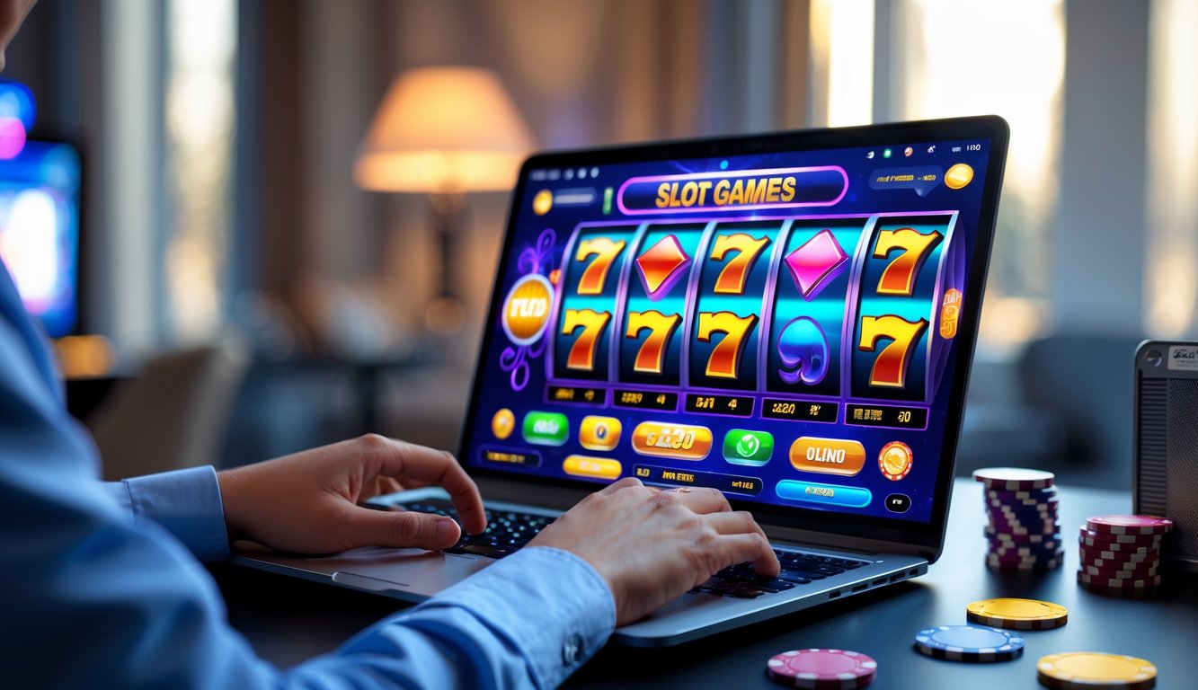 Seseorang menggunakan komputer dengan tampilan permainan slot online di layar di dalam ruangan yang nyaman.
