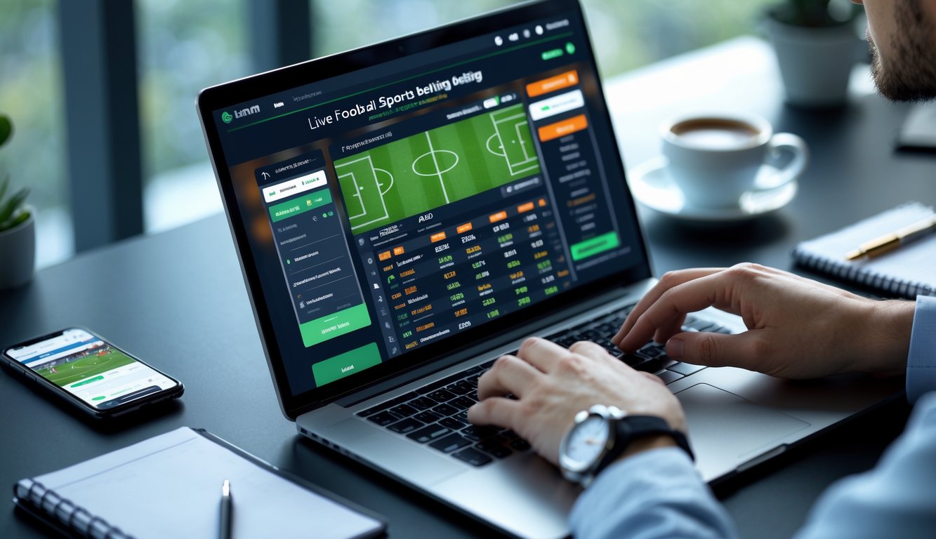 Seseorang menggunakan laptop di meja kerja dengan tampilan pertandingan sepak bola dan peluang taruhan online di layar.