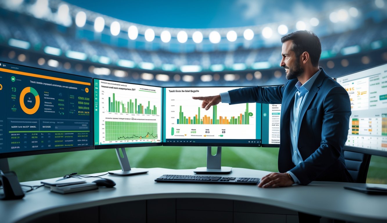 Seorang analis olahraga sedang menunjukkan prediksi skor pertandingan sepak bola di depan beberapa layar komputer dengan statistik dan grafik.