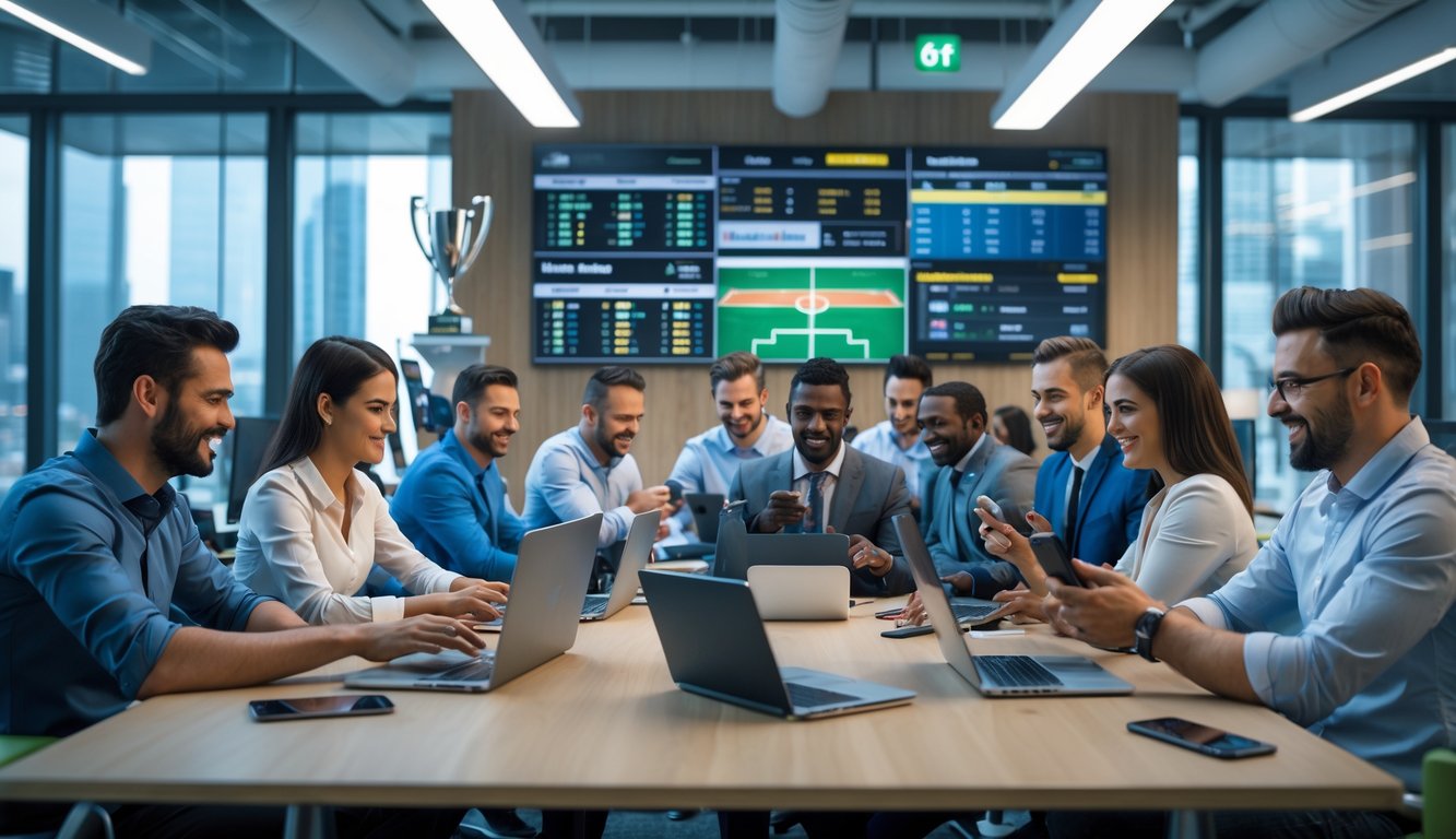 Sekelompok orang sedang menggunakan laptop dan ponsel di kantor modern dengan layar yang menampilkan data olahraga.