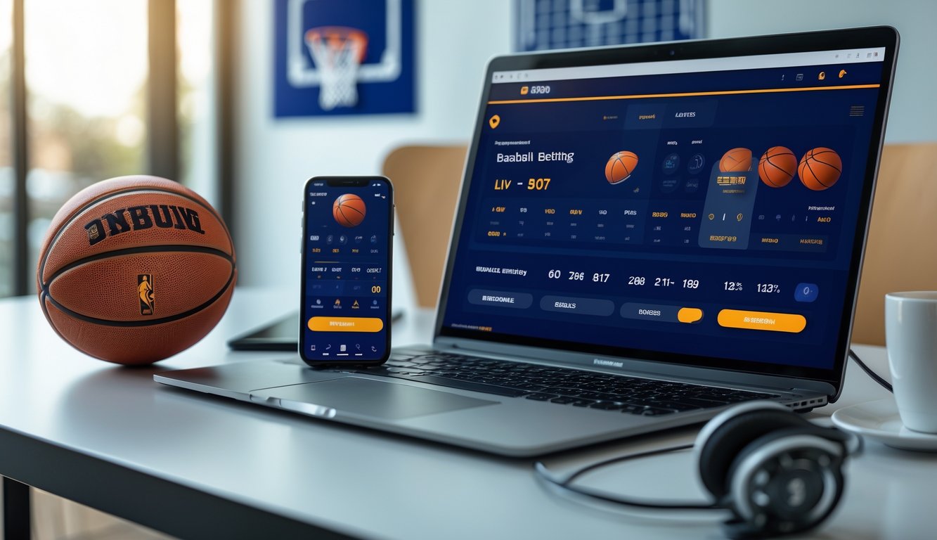 Seorang pria menggunakan laptop dan ponsel untuk memasang taruhan bola basket di meja kerja dengan bola basket kecil dan headphone di sampingnya.