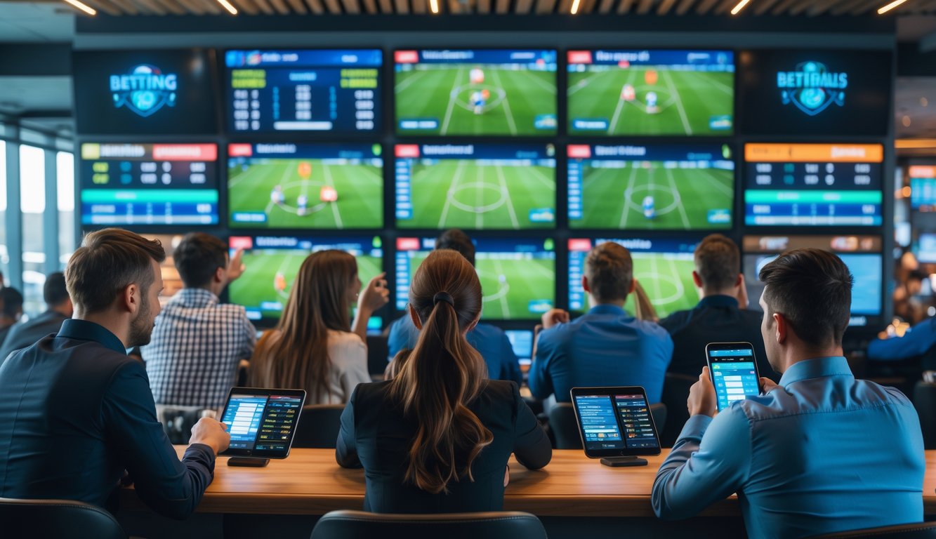 Sekelompok orang menonton pertandingan sepak bola secara langsung di sebuah ruang taruhan dengan layar besar dan menggunakan perangkat untuk memasang taruhan.