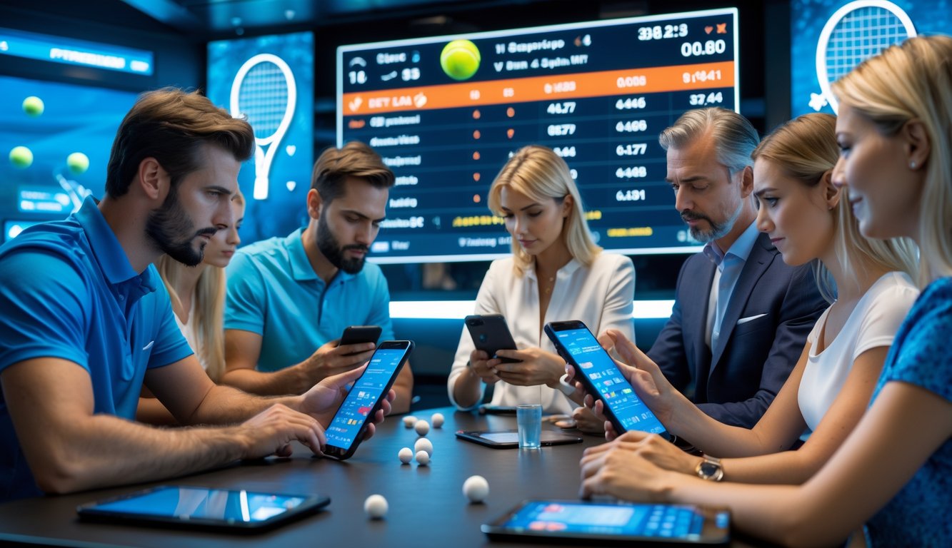 Orang-orang yang sedang menganalisis data dan memasang taruhan pada pertandingan tenis profesional di sebuah ruang taruhan olahraga.