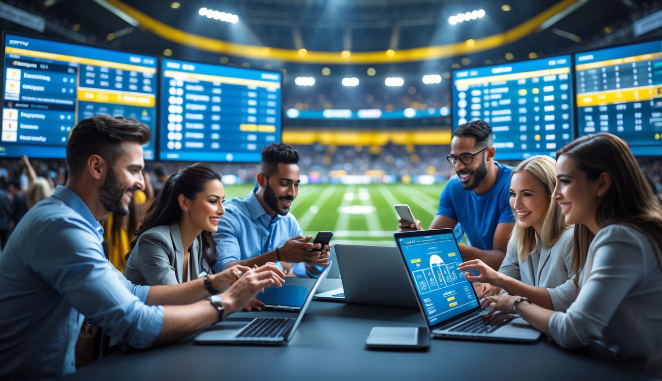 Orang-orang antusias menggunakan perangkat digital untuk memasang taruhan olahraga di depan layar yang menampilkan skor dan statistik pertandingan.