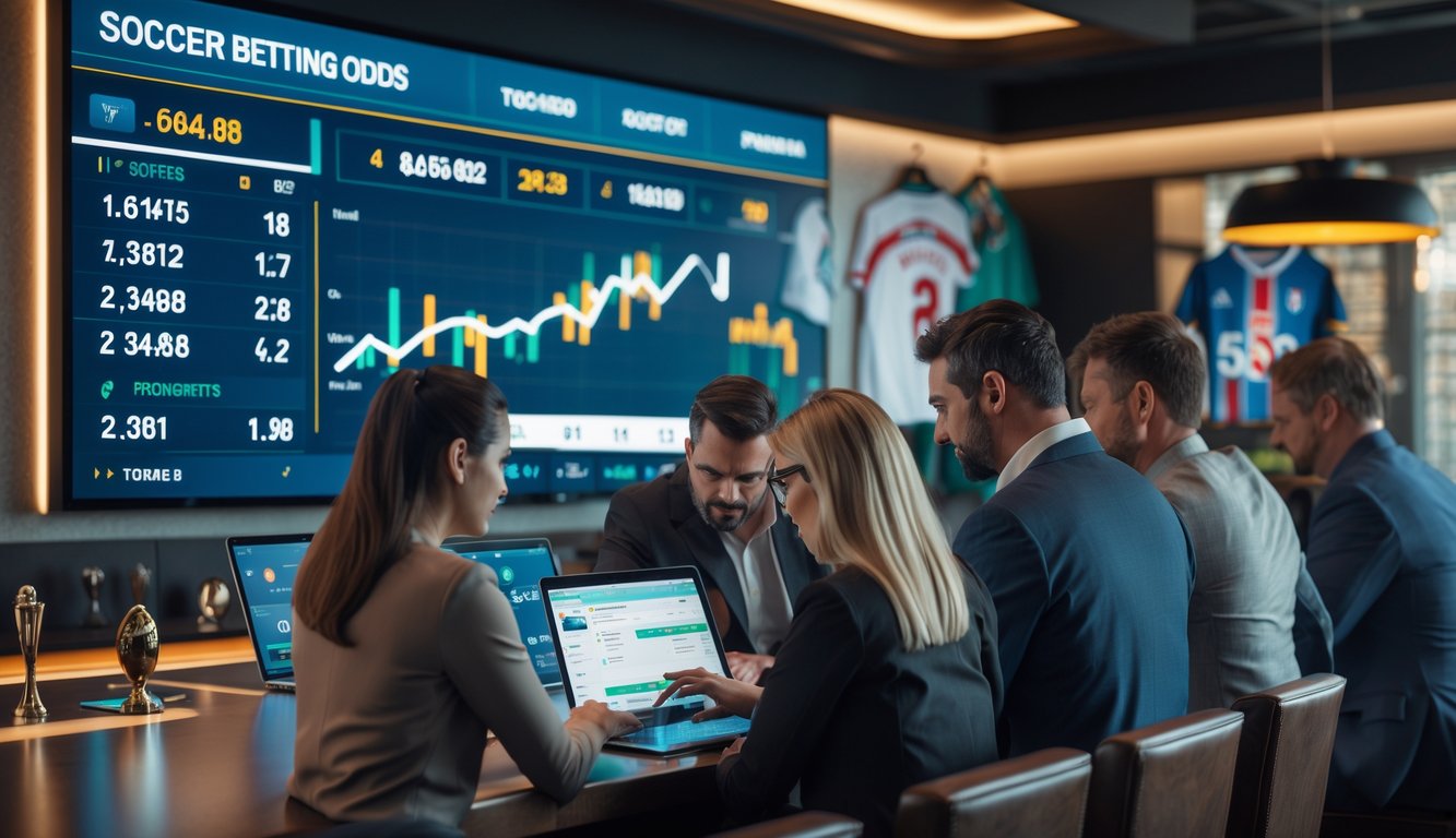 Orang-orang sedang melihat dan menganalisis data taruhan sepak bola di layar digital dalam suasana bar olahraga.