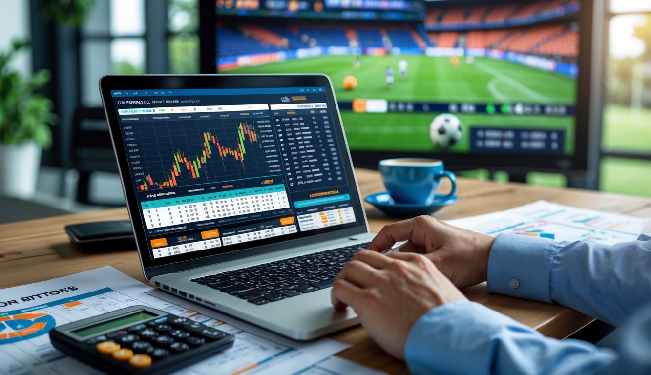 Seseorang sedang menganalisis data taruhan olahraga di depan laptop dengan grafik dan statistik, di ruang kerja modern dengan layar besar menampilkan pertandingan olahraga.