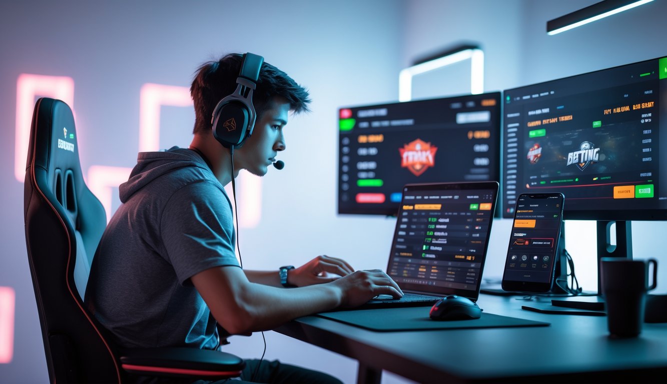 Seorang pemain muda duduk di depan komputer dengan beberapa layar menampilkan pertandingan eSports dan antarmuka taruhan online.