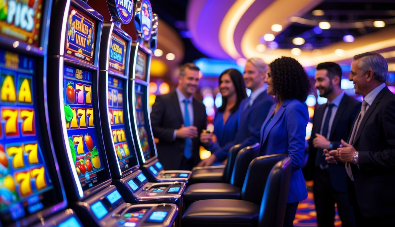 Suasana kasino modern dengan mesin slot yang menyala dan orang-orang menikmati permainan.