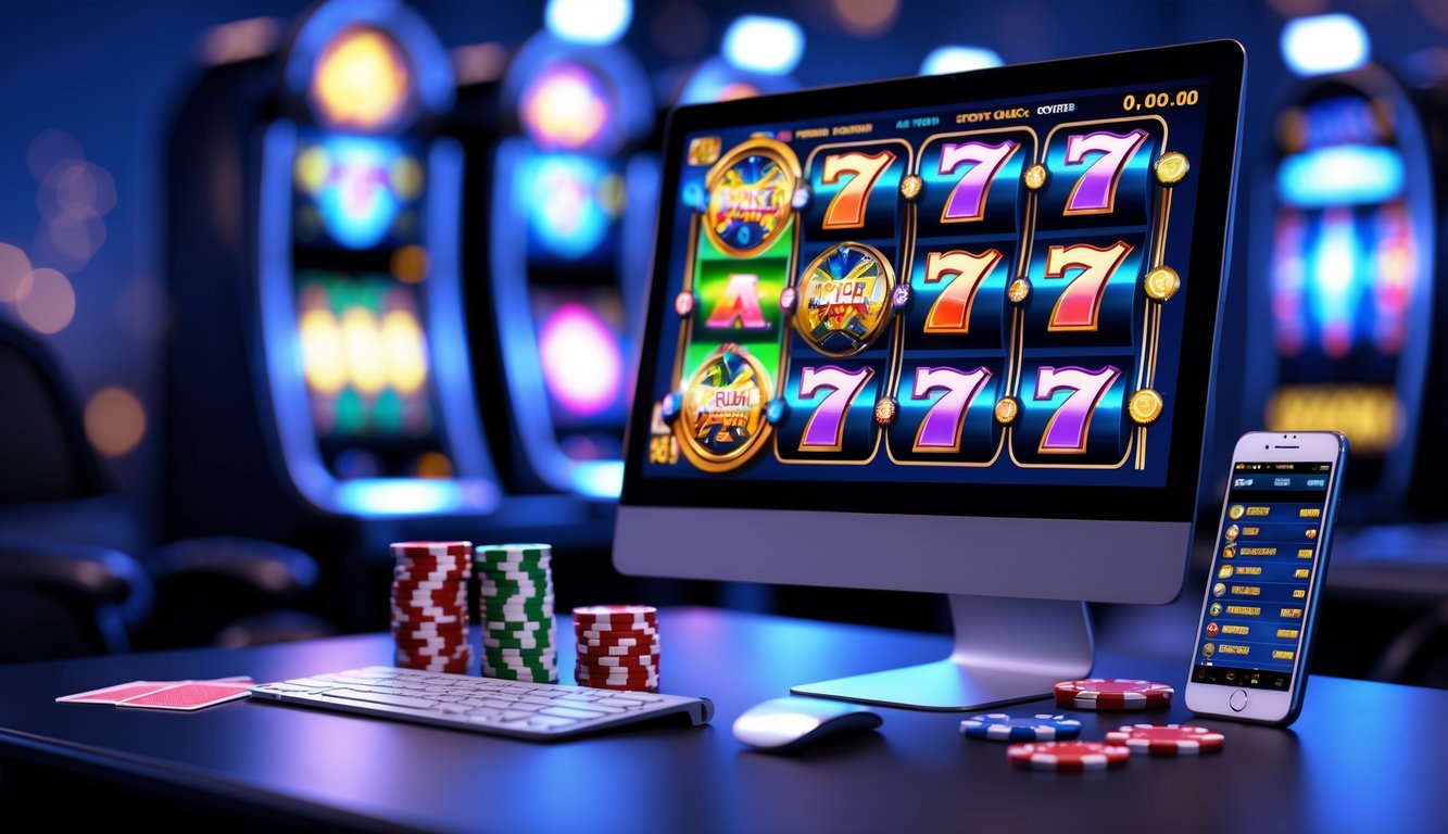 Sebuah ruang kerja modern dengan komputer menampilkan grafik mesin slot berwarna-warni dan elemen terkait permainan judi online.