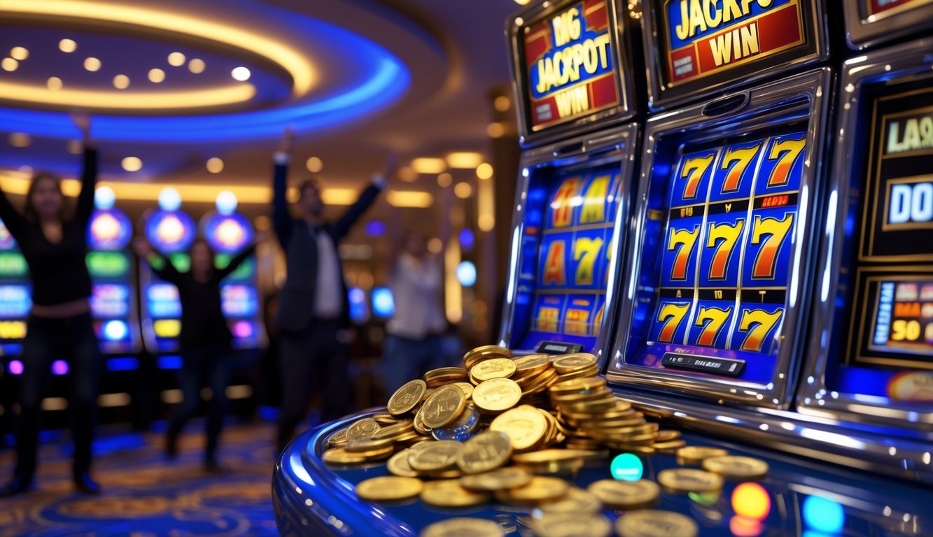 Mesin slot modern dengan koin berjatuhan dan lampu berwarna-warni di dalam kasino yang mewah.