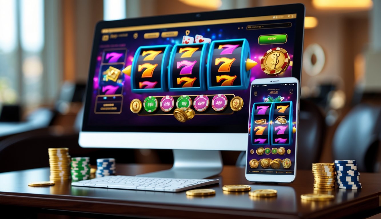 Sebuah meja dengan komputer dan ponsel menampilkan permainan slot online, dikelilingi chip poker dan koin emas.