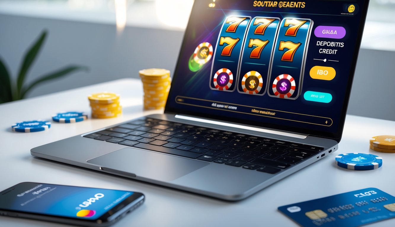 Meja kerja modern dengan laptop menampilkan permainan slot online dan ponsel yang menunjukkan aplikasi pembayaran digital pulsa.