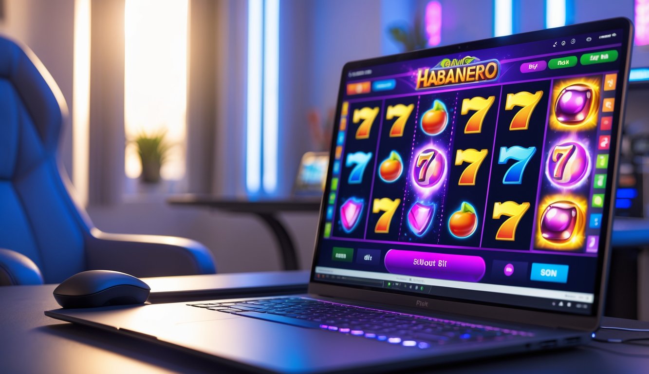 Layar komputer menampilkan permainan slot online dengan simbol warna-warni di ruang kerja yang nyaman.