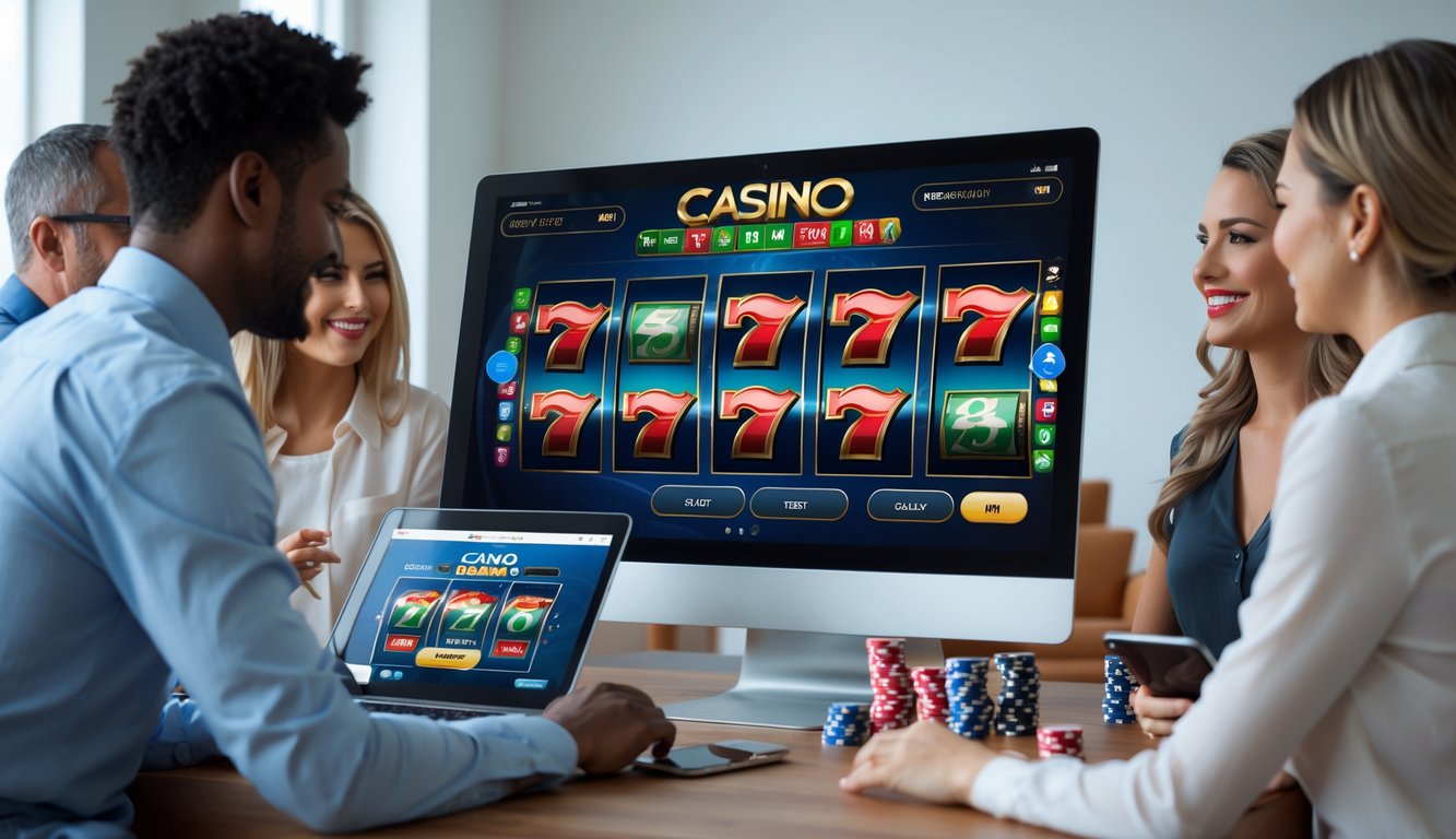 Orang-orang menggunakan komputer dan ponsel untuk bermain mesin slot online di ruangan terang dengan dekorasi minimalis.