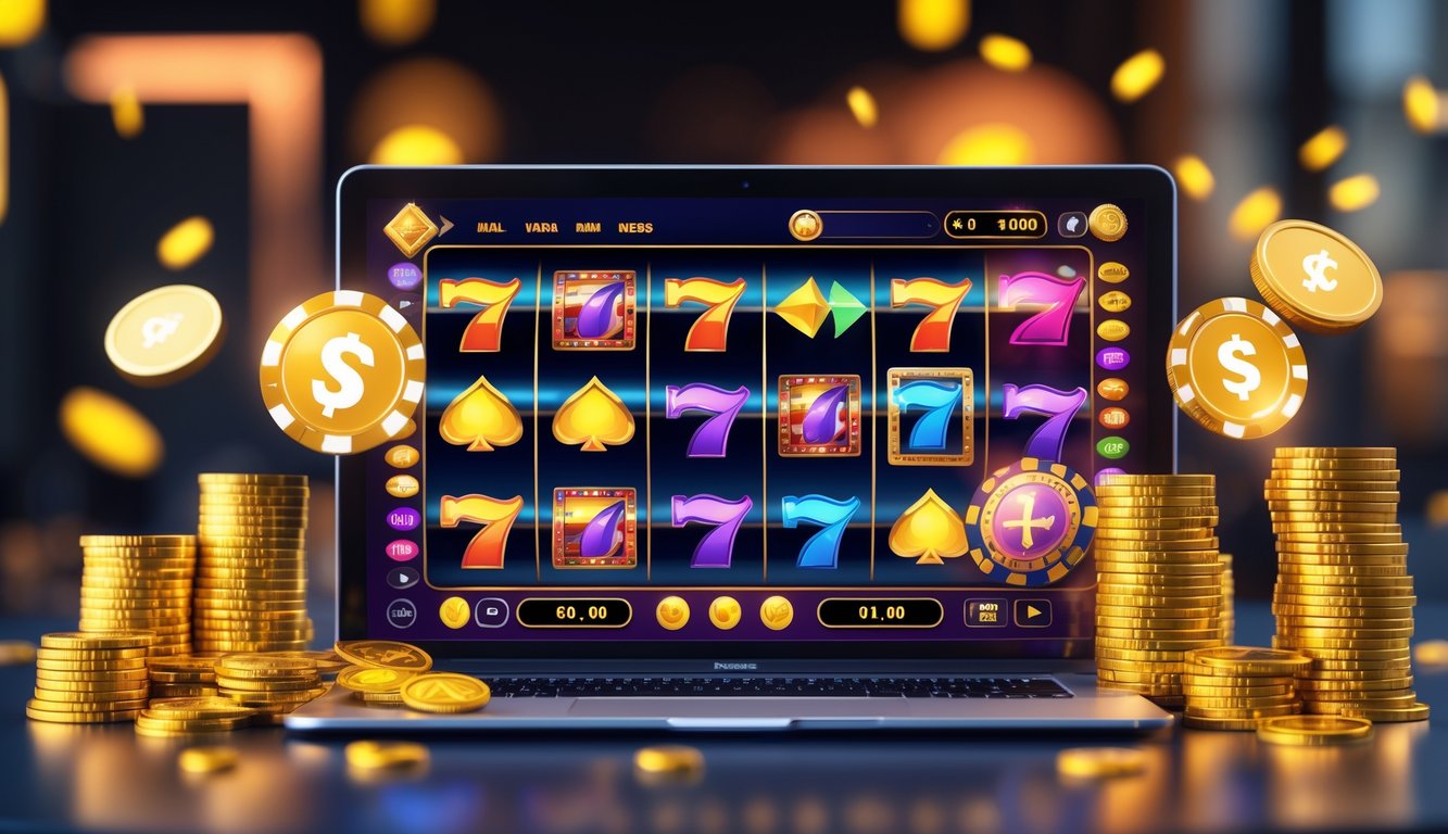 Suasana kasino online dengan layar menampilkan permainan slot warna-warni dan tumpukan koin emas serta chip poker.