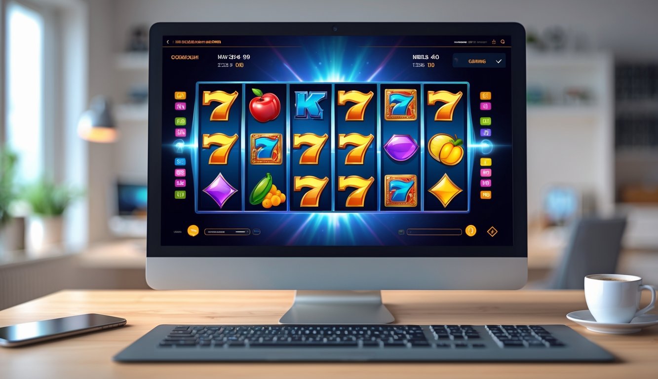 Layar komputer menampilkan permainan slot online dengan simbol warna-warni di ruang kerja modern.