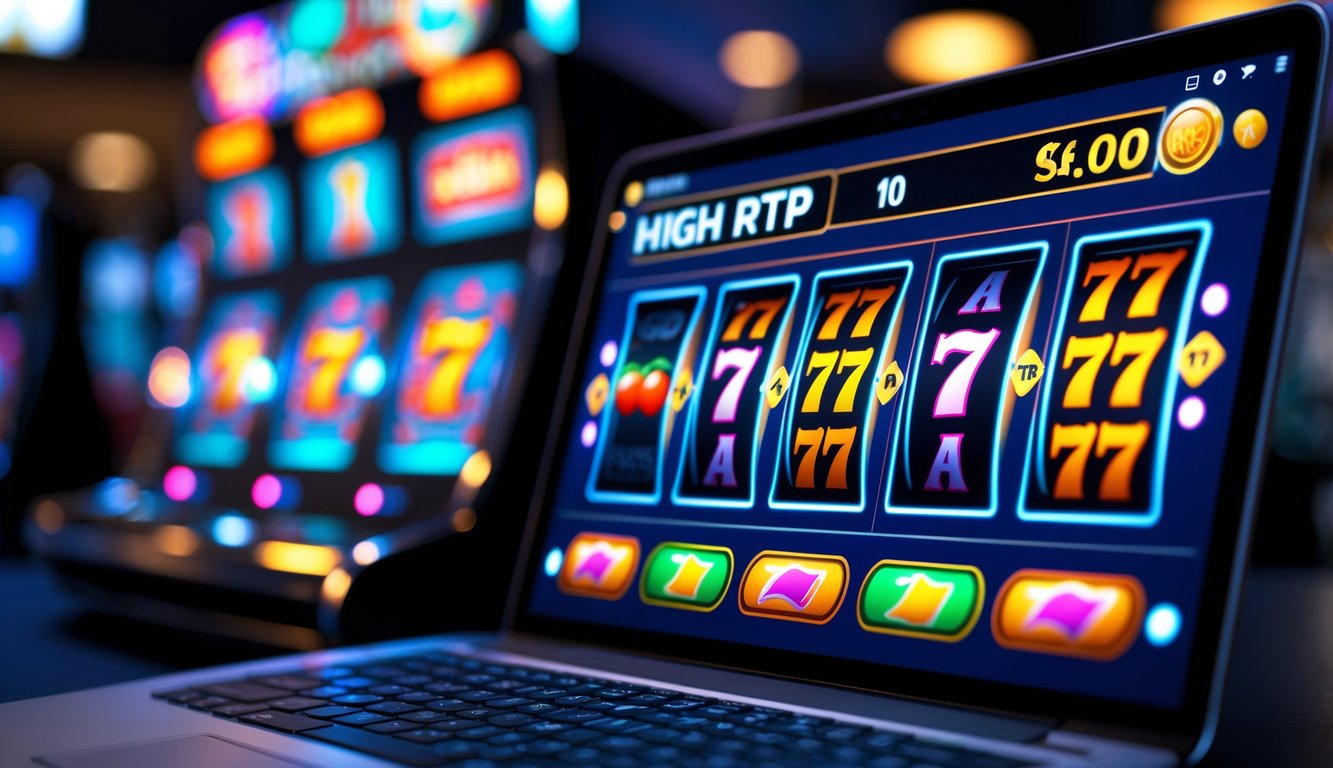 Sebuah layar perangkat digital yang menampilkan permainan slot dengan simbol warna-warni di latar belakang yang samar dan pencahayaan hangat.