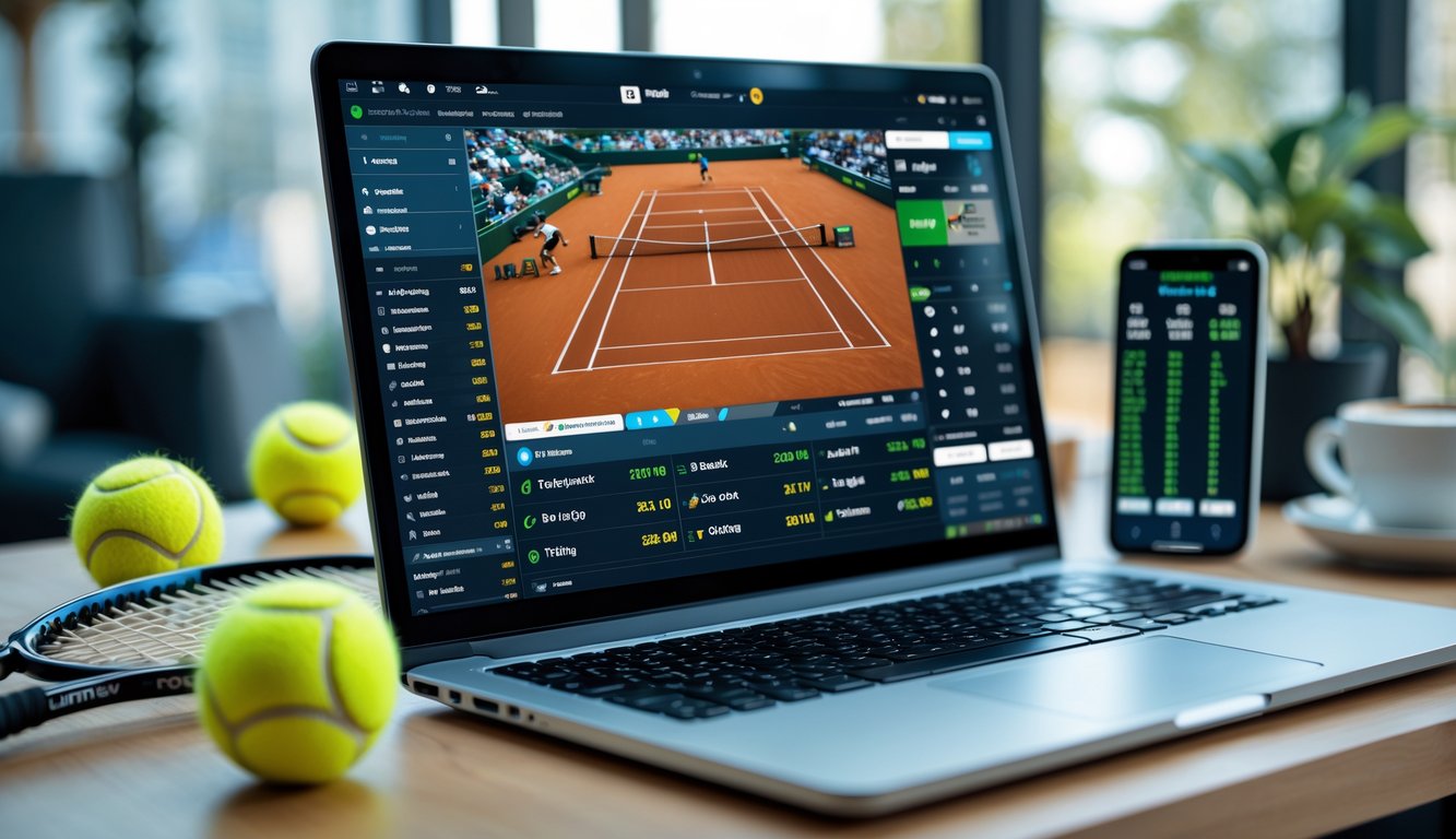 Meja kerja dengan laptop menampilkan pertandingan tenis dan ponsel dengan peluang taruhan langsung, raket tenis dan bola tenis di sampingnya.