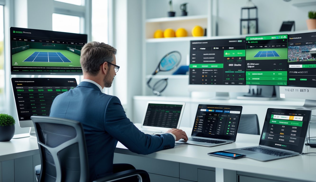 Seorang profesional di kantor modern sedang melihat layar komputer yang menampilkan pertandingan tenis dan data taruhan.