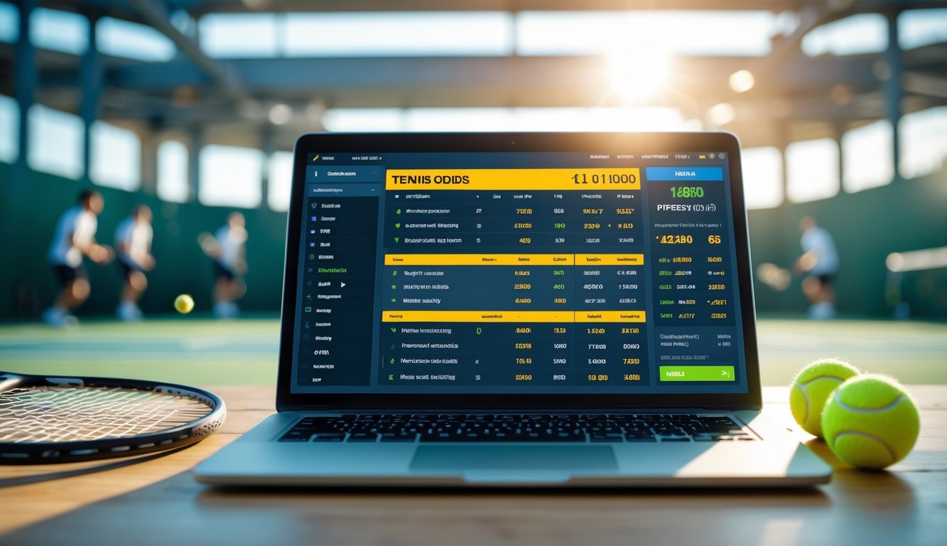 Sebuah laptop menampilkan platform taruhan tenis dengan raket dan bola tenis di meja, latar belakang lapangan tenis dengan pemain yang sedang bermain.