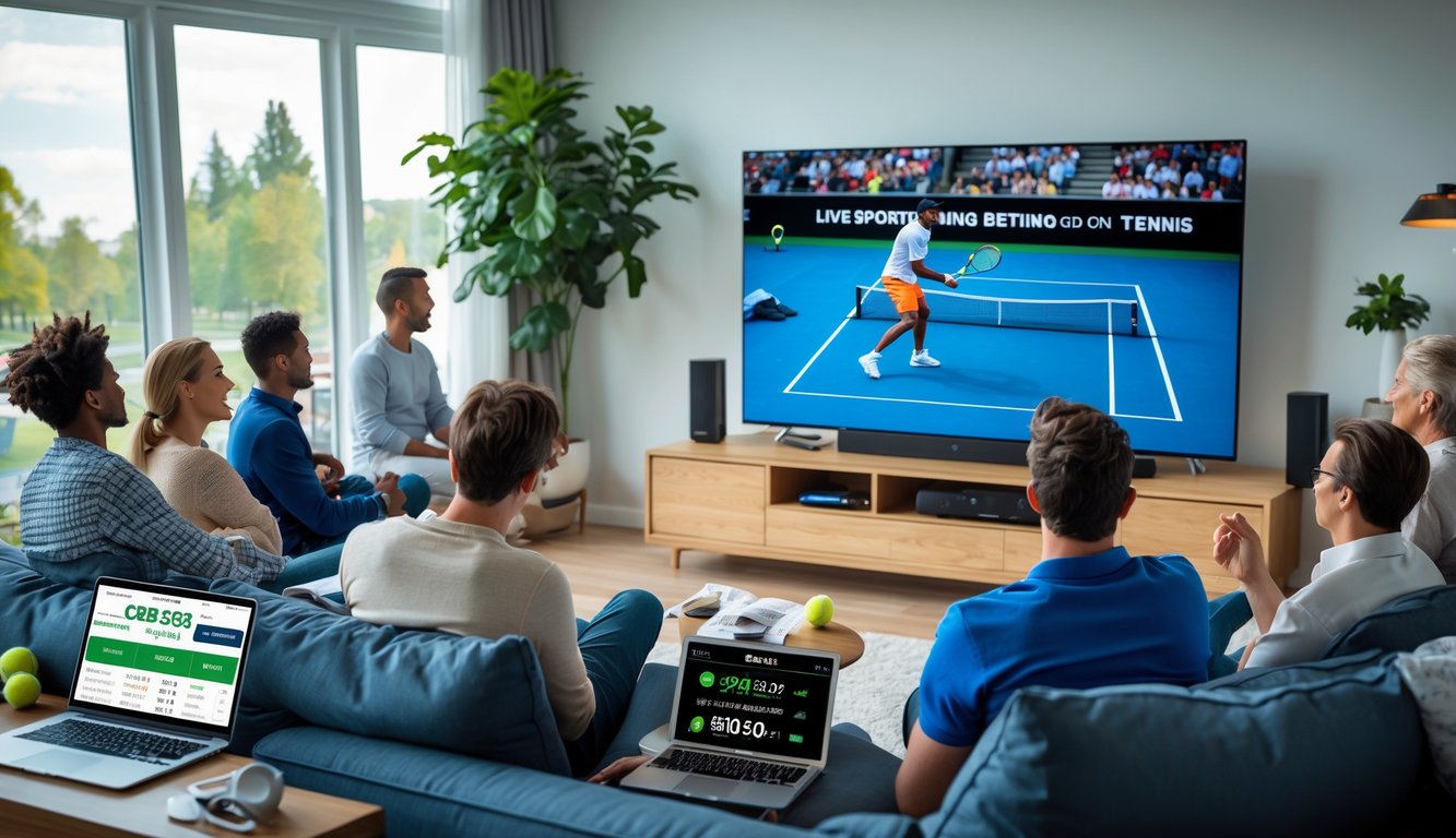 Beberapa orang menonton pertandingan tenis secara langsung di ruang tamu dengan layar besar dan perangkat elektronik di meja.