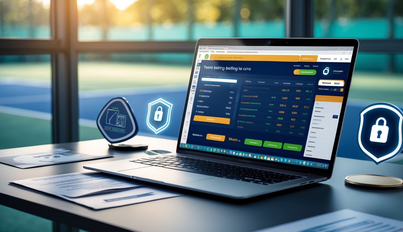 Seorang pria menggunakan laptop di meja kerja dengan latar belakang lapangan tenis, menunjukkan suasana taruhan tenis yang aman dan legal.