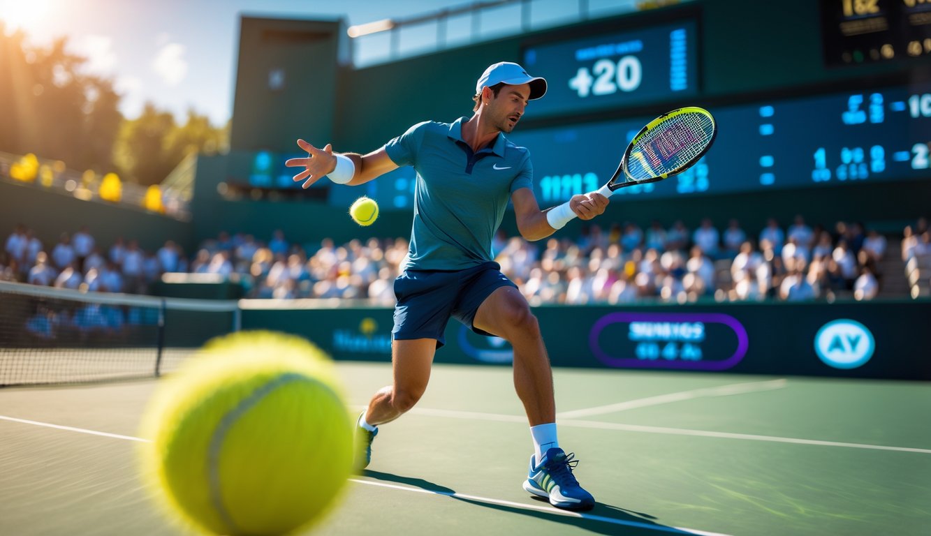 Seorang pemain tenis sedang memukul bola tenis di lapangan luar ruangan dengan penonton di latar belakang.