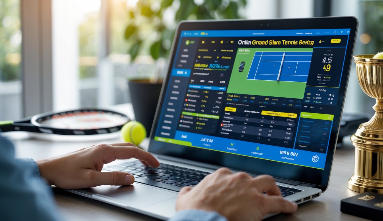 Seseorang menggunakan komputer dengan layar menampilkan antarmuka taruhan tenis Grand Slam online di lingkungan rumah atau kantor.